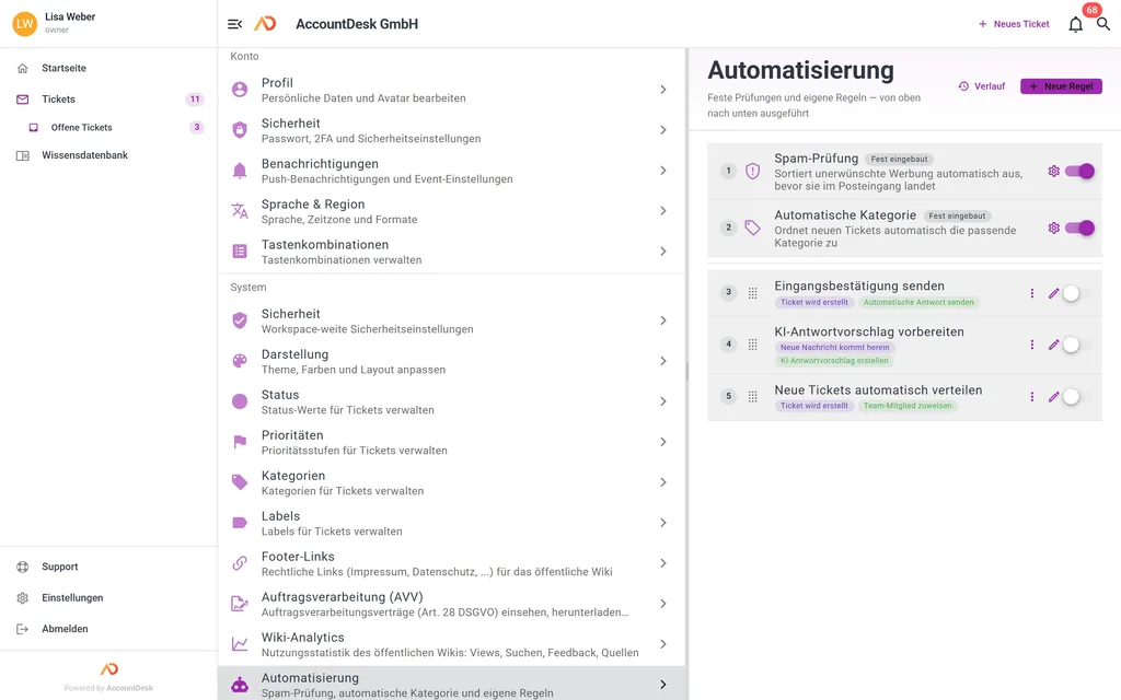Automatisierungs-Regeln in den AccountDesk-Einstellungen