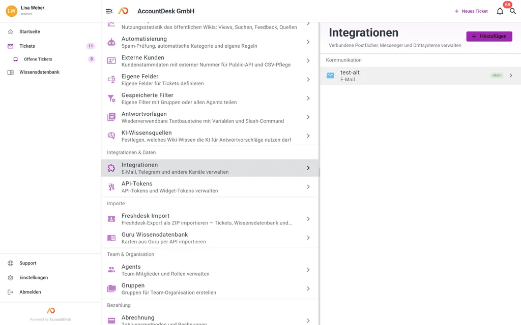 Integrations-Einstellungen in AccountDesk mit E-Mail- und Telegram-Kanälen