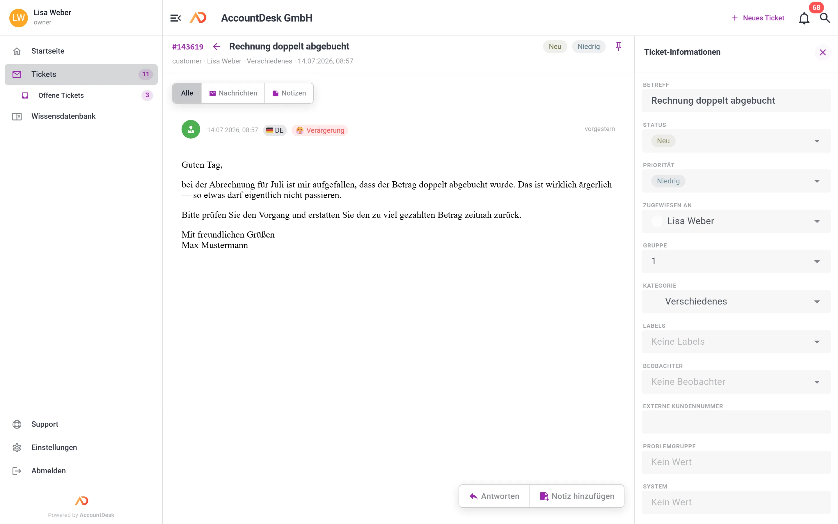 Ticket-Ansicht in AccountDesk mit KI-Analyse der Kundennachricht
