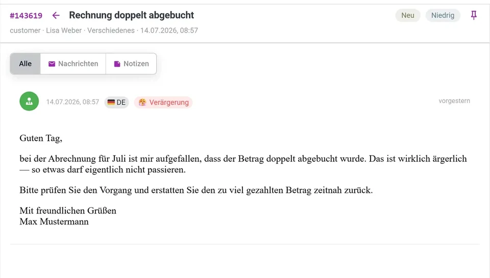 Antwortvorschlag der KI in der Ticketansicht von AccountDesk