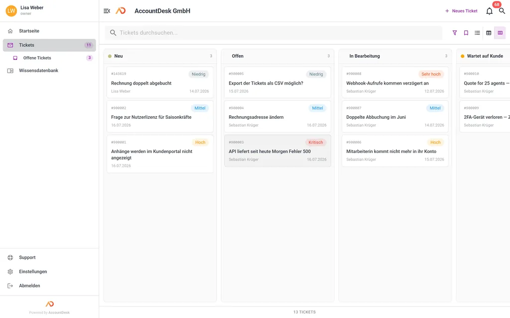 Kanban-Board in AccountDesk mit Tickets nach Status
