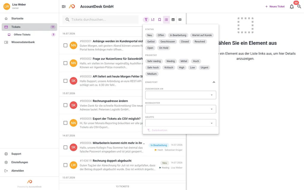 Ticketliste mit geöffnetem Filter-Panel und erweiterten Filtern