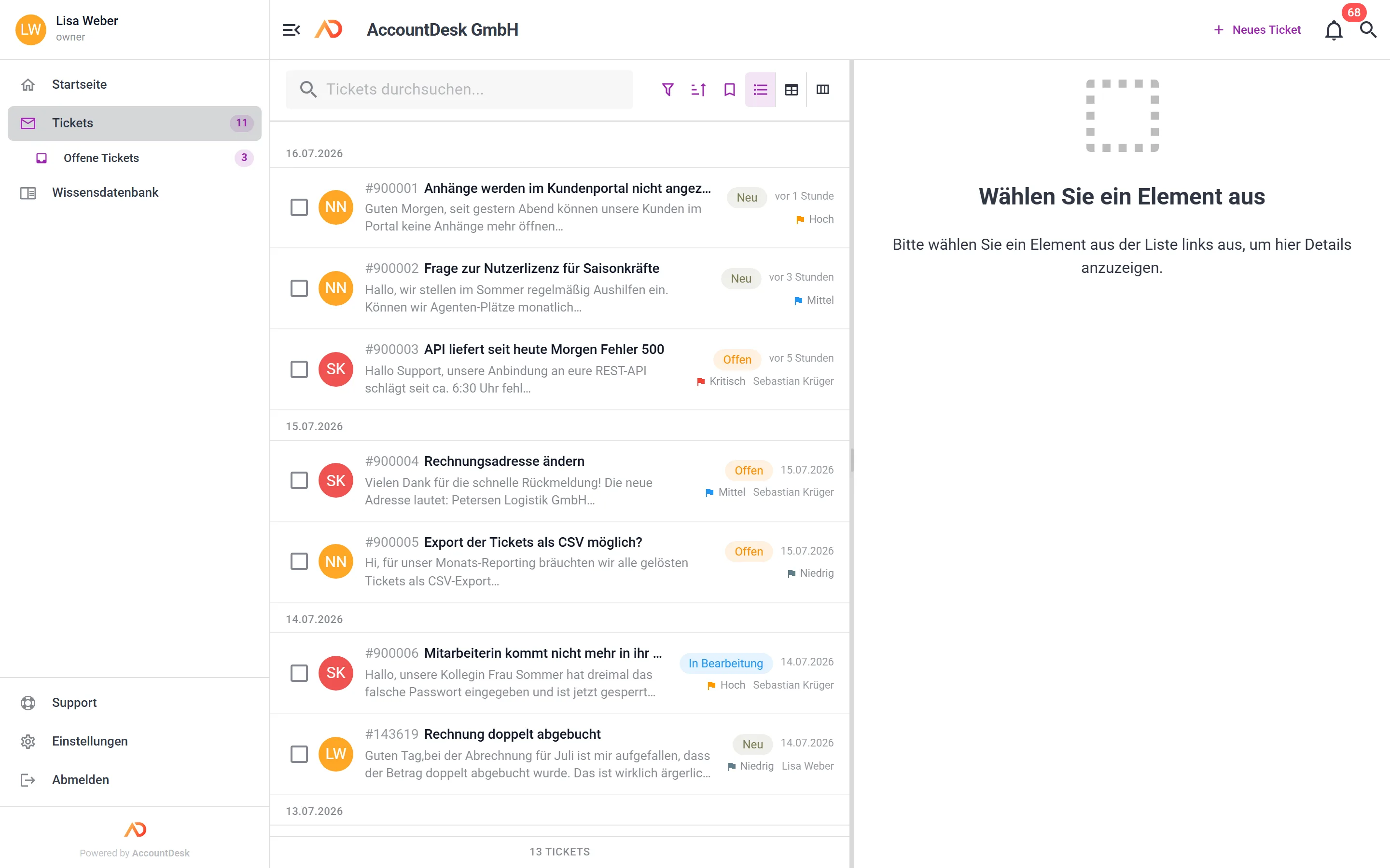 AccountDesk-Ticketliste mit Posteingang und Ticket-Vorschau