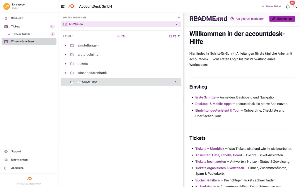 Interne Wissensdatenbank in AccountDesk mit Wissensbereichen