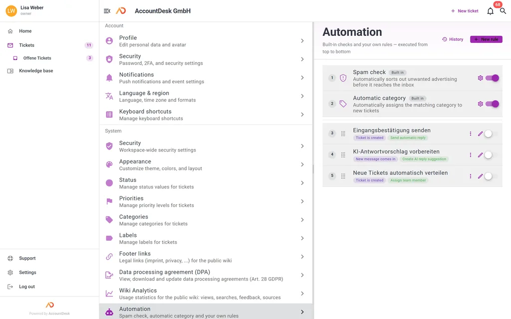 Automation rules in the AccountDesk settings