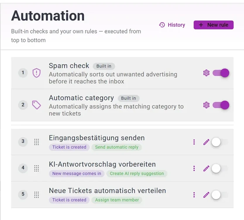 Automation rule list in AccountDesk: spam check, automatic category, acknowledgement, AI draft reply and ticket distribution