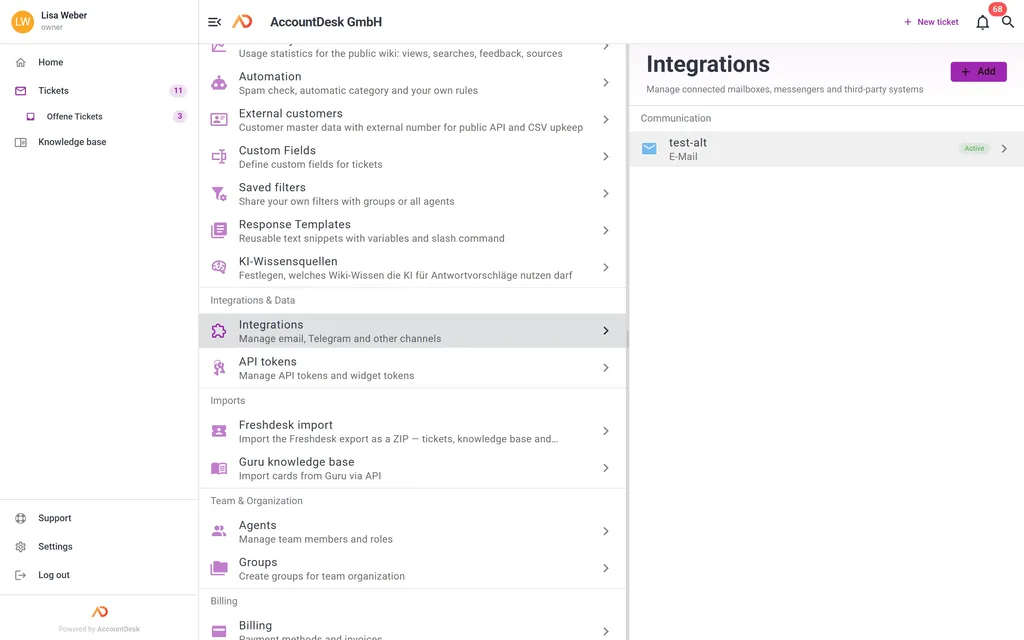 Integration settings in AccountDesk with email and Telegram channels