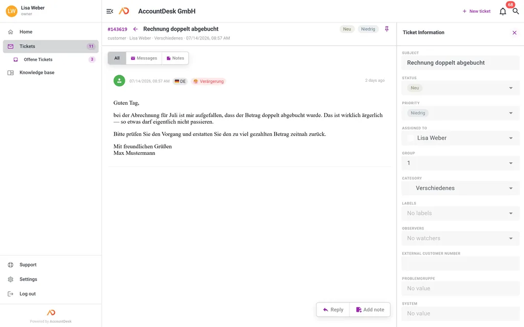 Ticket view in AccountDesk with AI analysis of the customer message