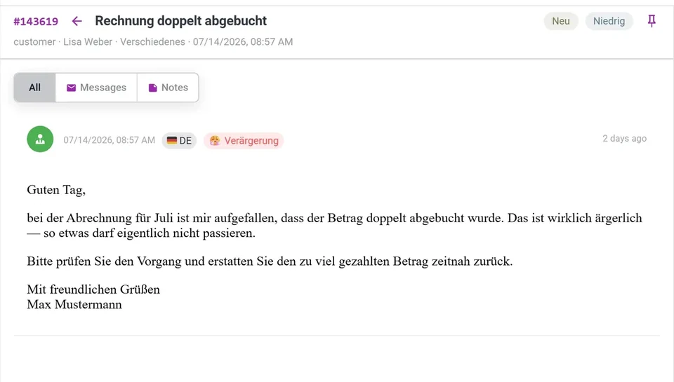 AI draft reply shown in the AccountDesk ticket view