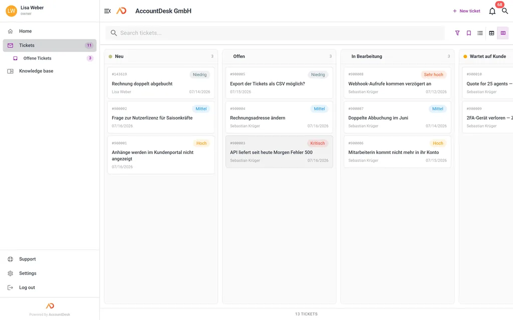 Kanban board in AccountDesk with tickets grouped by status