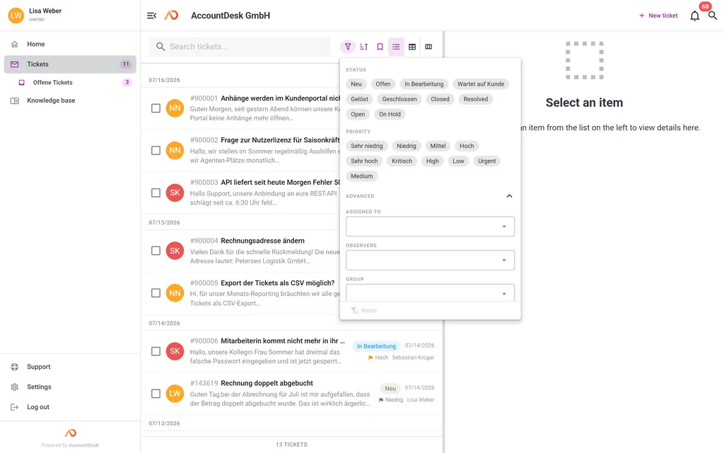Ticket list with the filter panel and advanced filters open