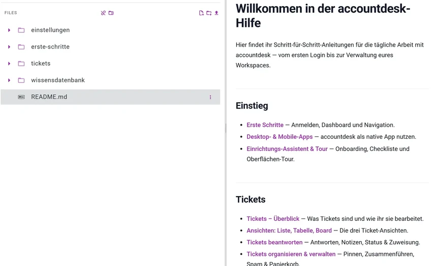 AccountDesk knowledge base with folder structure and an open help article