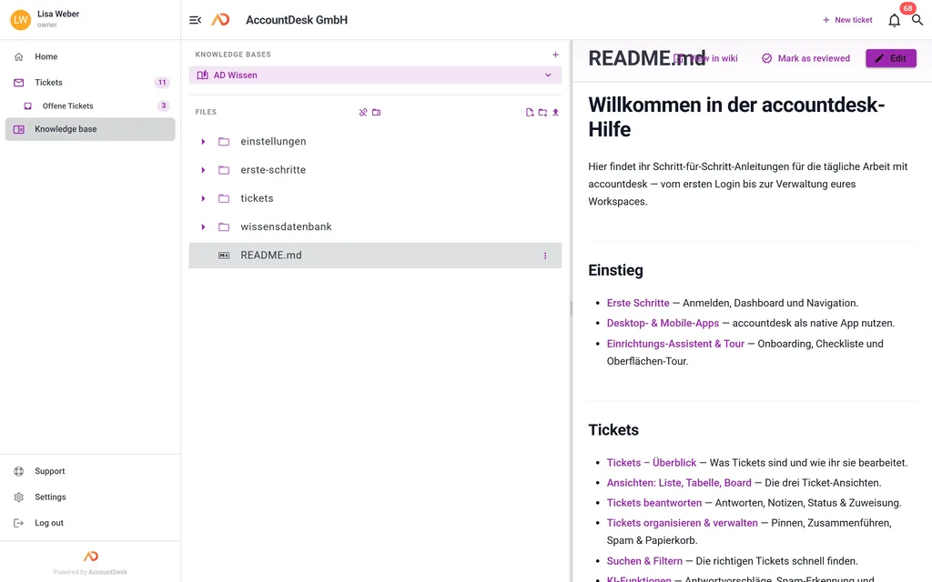 Internal knowledge base in AccountDesk with knowledge spaces